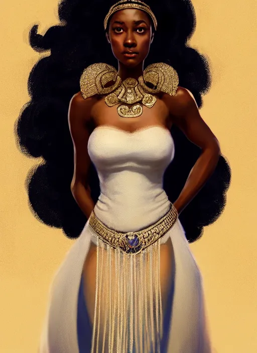 Image similar to full body portrait of young black woman as a princess, beautiful long flowing gown, intricate, beautiful gleaming jewels, highly detailed, digital painting, artstation, concept art, smooth, sharp focus, illustration, art by wlop, mars ravelo and greg rutkowski