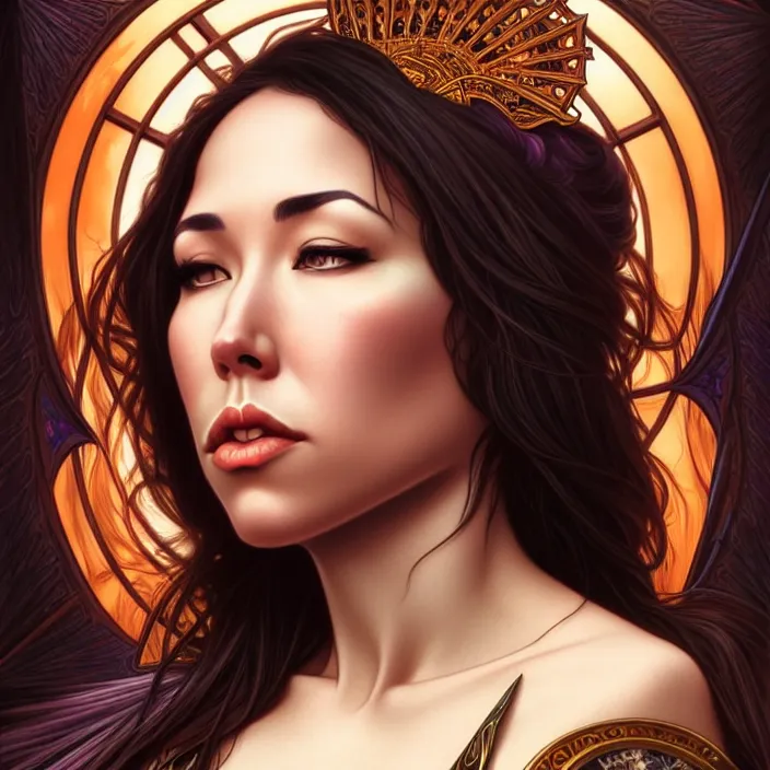 Image similar to jodi arias, goddess of vengeance, tarot card, highly detailed, digital painting, smooth, sharp focus, illustration, ultra realistic, 8 k, art by artgerm and alphonse mucha