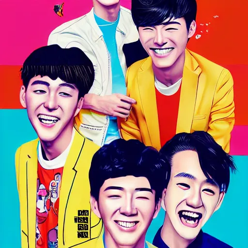 Prompt: handsome korean boys group smile to you - aesthetic, smooth painting, each individual seeds have ultra high detailed, 4 k, illustration, comical, acrylic paint style, pencil style, torn cosmo magazine style, pop art style, ultrarealism, by mike swiderek, jorge lacera, ben lo, tyler west