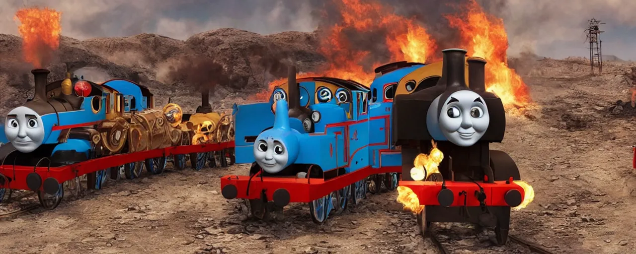 Image similar to Thomas the Tank Engine in the fiery Wasteland of MAD MAX: FURY ROAD