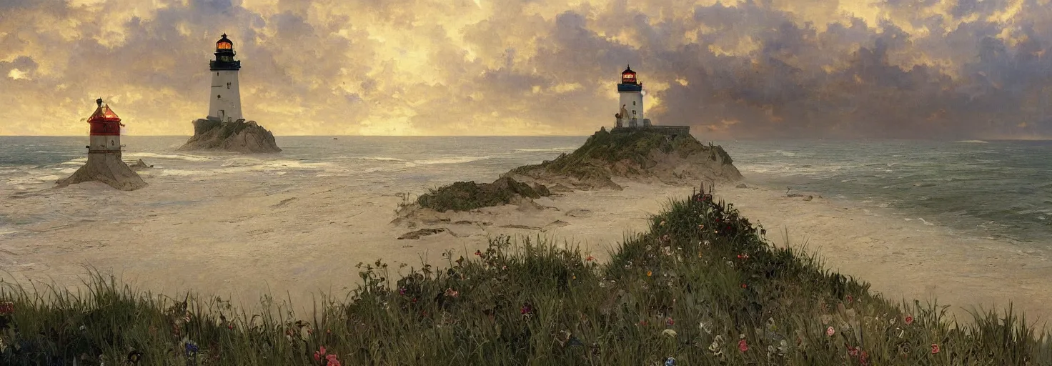 Image similar to super detailed in the style of Jan Brueghel the Elder, greg rutkowski and alphonse mucha , of Prince Edward Island with ocean a single lighthouse and sand dunes.