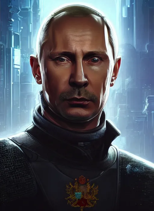 Image similar to portrait of Vladimir Putin as a character in arabian Cyberpunk 2077, looking at camera, intricate, dystopian, sci-fi, extremely detailed, digital painting, artstation, concept art, smooth, sharp focus, illustration, intimidating lighting, incredible art by artgerm and greg rutkowski and alphonse mucha and simon stalenhag