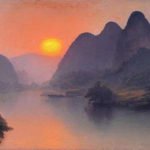 Image similar to a young man in guilin, by caspar david friedrich, mist, sunrise