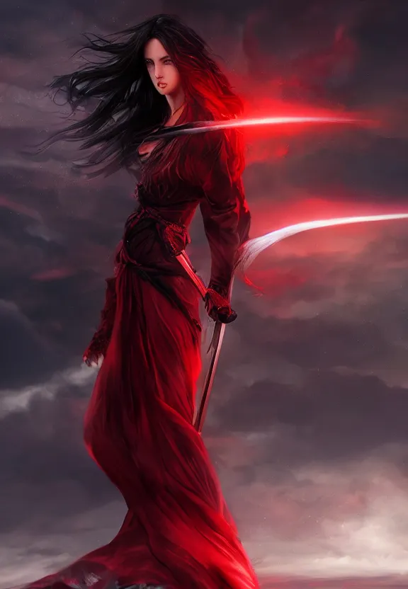 Prompt: a beautiful fierce long black haired woman wearing red dress wielding black sword posing heroically, heavenly moonlit clouds background, close up shot, artstation, extremely detailed woman, stunning volumetric lighting, hyper realism, fantasy 4k