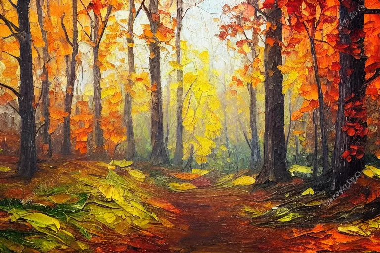 Prompt: oil painting of a forest in autumn, leafs falling, dramatic lighting, colorful, autumn colors