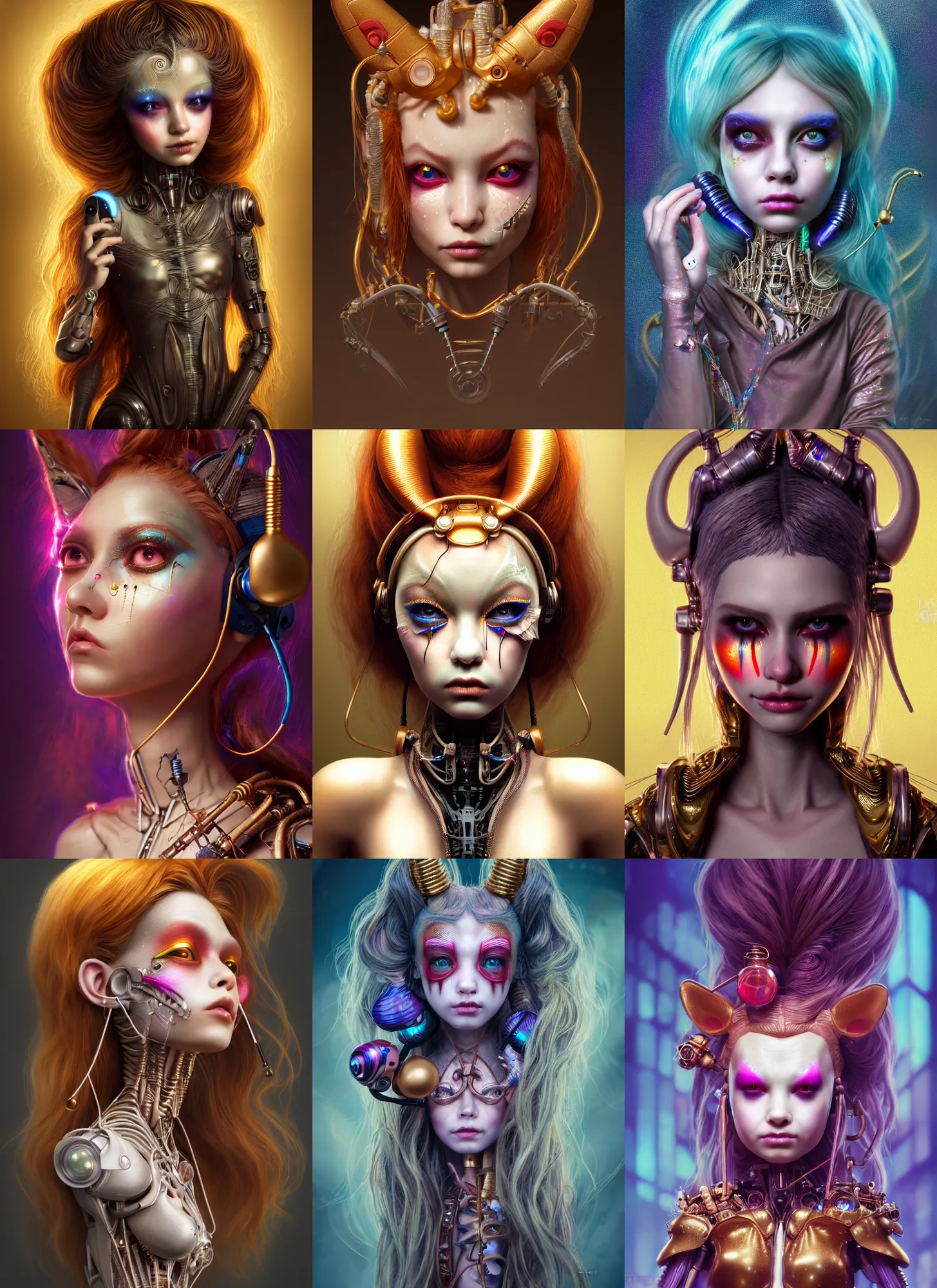 Prompt: disney weta 8 k, soft lustrous porcelain biotech raver clowncore cyborg, earbuds, golden ratio, details, sci - fi, fantasy, cyberpunk, intricate, decadent, highly detailed, digital painting, ever after high, octane render, artstation, concept art, smooth, sharp focus, illustration, art by artgerm, loish, wlop