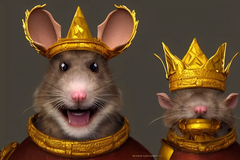 Image similar to 3 d render of a rat character who is a king, wearing golden crown, siiting on the throne highly detailed octane render, artstation, surrealism, pixar