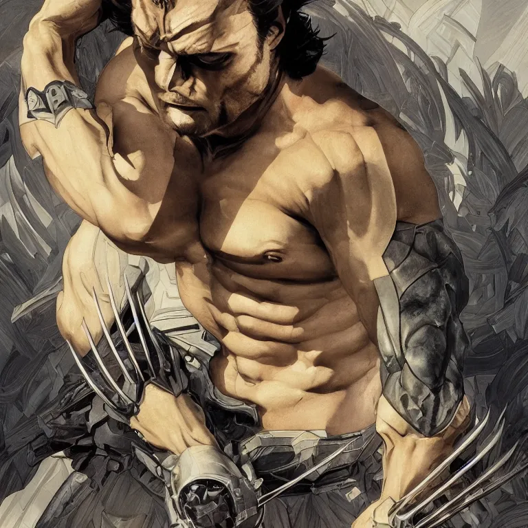 Image similar to Karl Urban as Wolverine, highly detailed, digital painting, artstation, concept art, smooth, sharp focus, illustration, ArtStation, art by artgerm and greg rutkowski and alphonse mucha and J. C. Leyendecker and Edmund Blair Leighton and Katsuhiro Otomo and Geof Darrow and Phil hale and Ashley wood and Ilya repin and Charlie Bowater