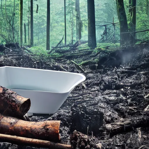 Prompt: pristine porcelain bath filled with bubbles in a clearcut rainforest, slash and burn, cleared forest, deforestation, tree stumps, smouldering charred timber