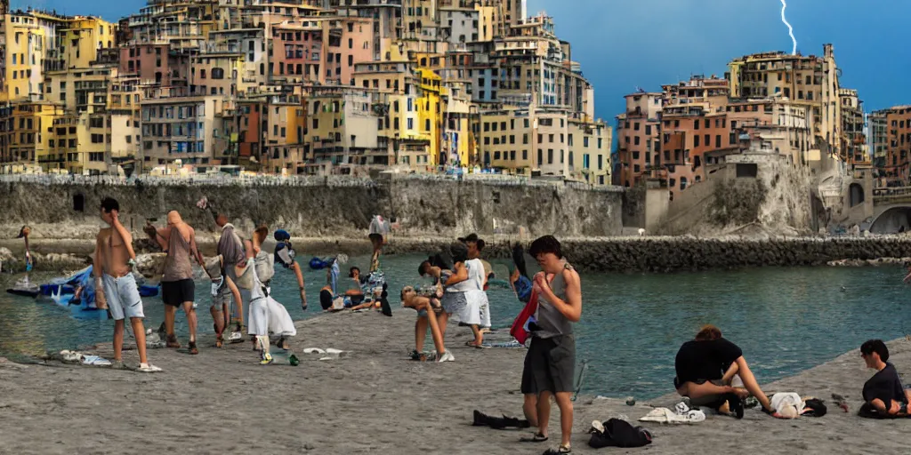 Image similar to wholesome animation studio Ghibli of young guys on the beach in the city of Genova. Sharp bloom dramatic lightning. Sunny day.