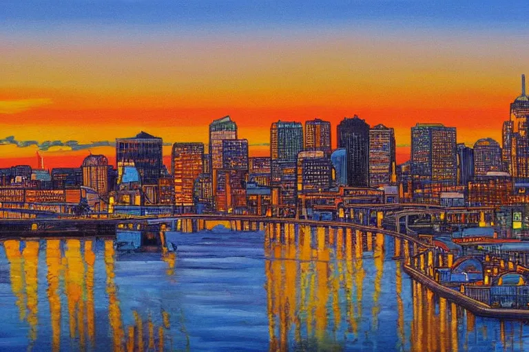 Image similar to winnipeg skyline, sunset, painting by tom thompson, group of seven, 4 k