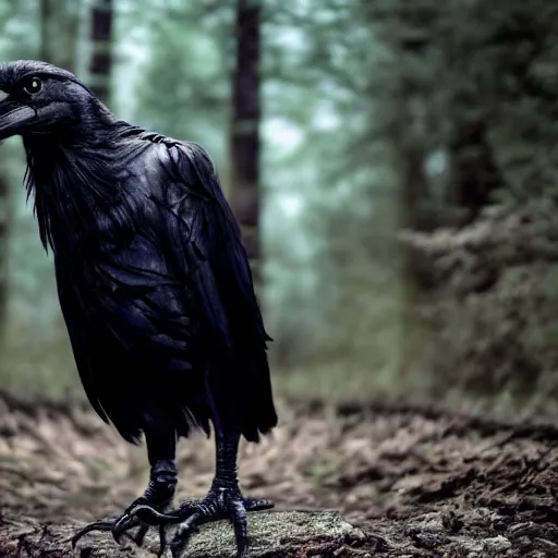 Image similar to werecreature consisting of a crow and a human, photograph captured in a dark forest