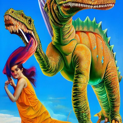 Prompt: Dua Lipa riding a dinosaur playing a keytar, painted by Boris Vallejo 1990, hyper realistic, artstation