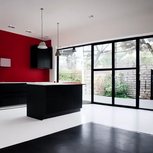 Image similar to photo of black, matte kitchen fronts surfaces and furniture, dark red walls at the back, white floor tiles on the ground, white ceiling, architecture, concept art