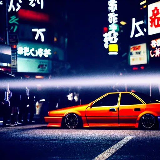 Image similar to a car JZX100 at illegal car meet, Shibuya prefecture, city midnight mist, cinematic color, photorealistic, highly detailed, 200MM