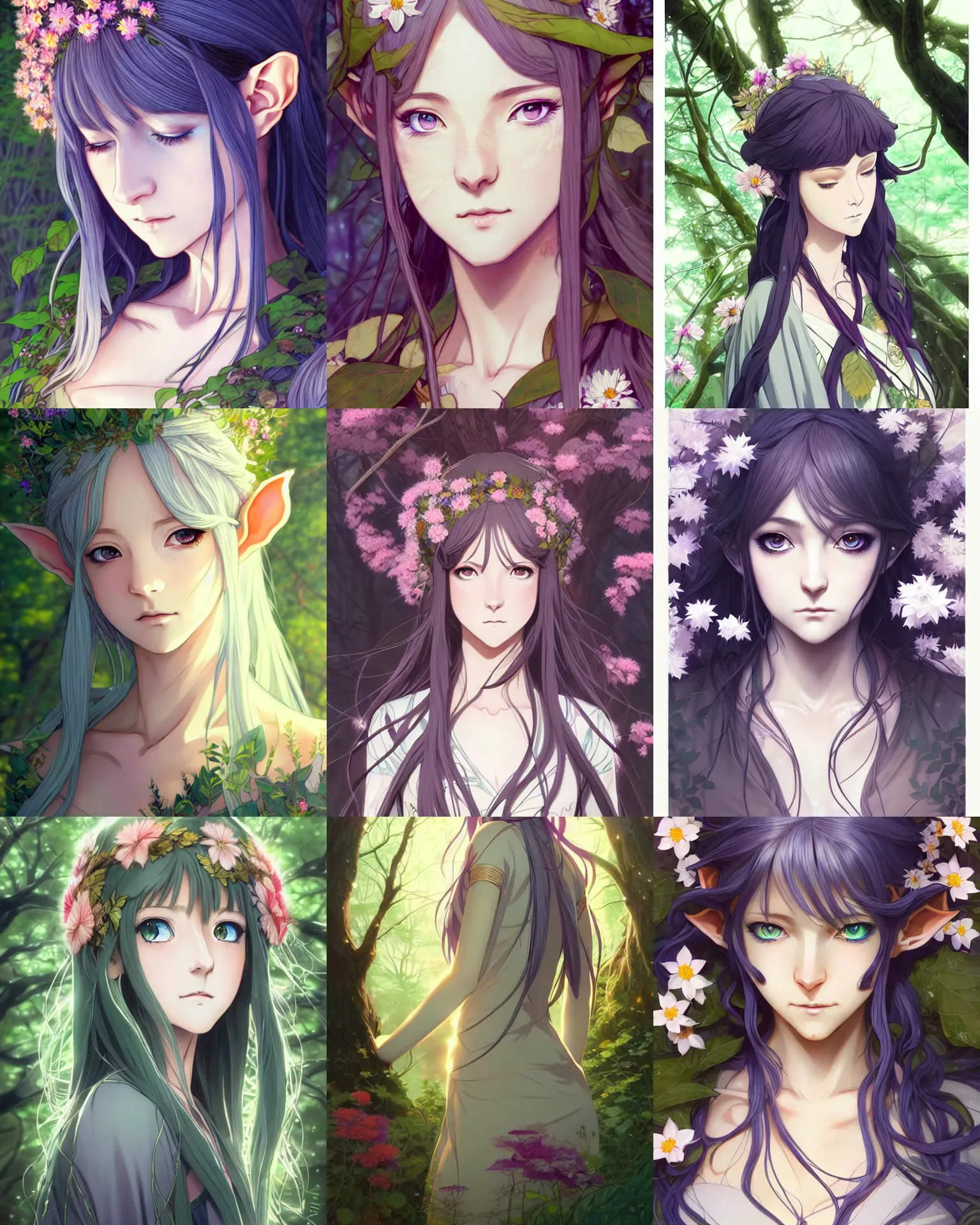 Prompt: A beautiful young elven druid || very anime, full-body portrait, official character art, fine-face, pretty face, clothed in leaves and flowers, realistic shaded Perfect face, fine details. Anime. realistic shaded lighting poster by Ilya Kuvshinov katsuhiro otomo ghost-in-the-shell, magali villeneuve, artgerm, Jeremy Lipkin and Michael Garmash and Rob Rey