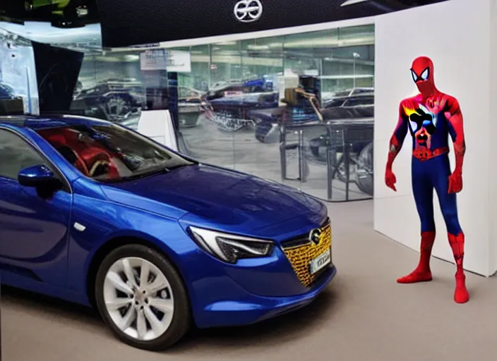 Image similar to spiderman stand next to opel sedan