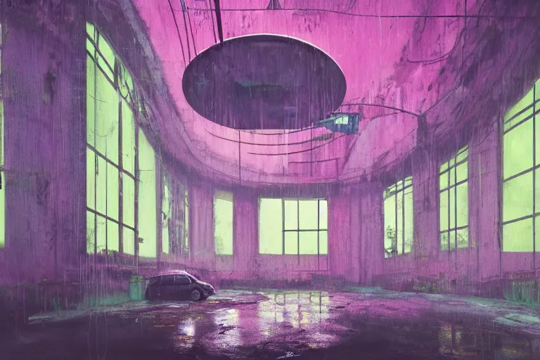 Image similar to abandoned 9 0 s interior with large organic circular windows, rain like a dream, oil painting, cinematic, dramatic, volumetric lighting, cyberpunk, basquiat + francis bacon + gustav klimt + beeple, elevated street art, fantasy lut, textural, pink, blue, purple, green,