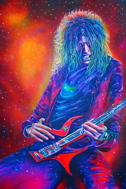 Prompt: beautiful detailed acrylic painting of a psychedelic and hardcore dave munstaine play music in the cosmos