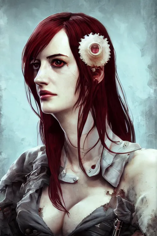 Image similar to character portrait of Eva Green with gorgeous detailed eyes, color page, tankoban, 4 k, tone mapping, doll, akihiko yoshida, james jean andrei riabovitchev marc simonetti, yoshitaka amano, short neck,