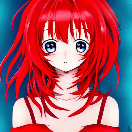 Image similar to anime girl with red hair, confused facial expression, in red dress, portrait, by sakimichan