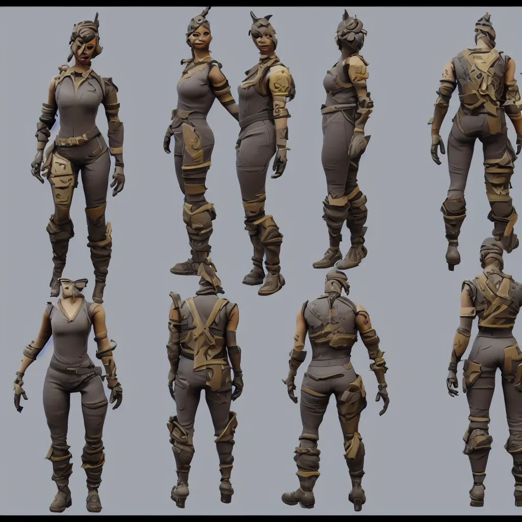 Prompt: character 3d skin model inspired from fortnite game , front view , back view, side view