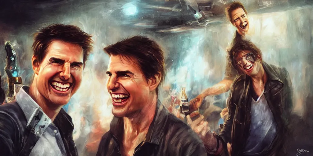 Image similar to hyper realistic tom cruise hanging out with tom cruise at a bar, all overly excited, jaw unhinged with laughter and smiling, all teeth, by greg rutkowski, scott m fischer, artgerm, loish, slight glow, atmospheric, anne stokes, alexandros pyromallis