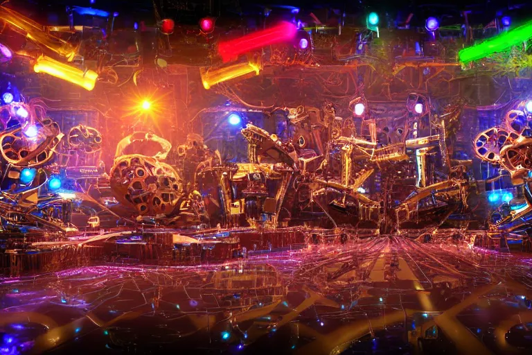 Image similar to stage from the show america got talent, on stage are 4 golden and blue metal humanoid steampunk robots dancing, robots are wearing gears and tubes, eyes are glowing red lightbulbs, shiny crisp finish, 3 d render, 8 k, insaneley detailed, fluorescent colors, nightlight