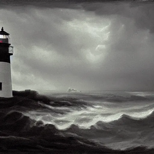 Prompt: a lighthouse on a lonely, stormy coast. the painting is characterized by its use of dark colors, its focus on the grotesque, and its overall feeling of gloominess. the use of deep blacks, grays, and dark greens gives it a very dark, foreboding tone. gothic elements provide an eerie, otherworldly quality.