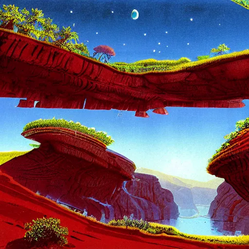 Image similar to illustration of a lush natural scene on an alien planet by chris foss. beautiful landscape. weird vegetation. cliffs and water.