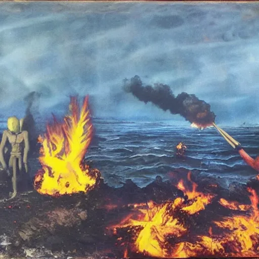 Image similar to armageddon they will be dead and we go to paradise, funny and frightened ukrainian burned to bones in dirty yellow and blue rags on the background of a huge nuclear explosion hyperrealism, selfie