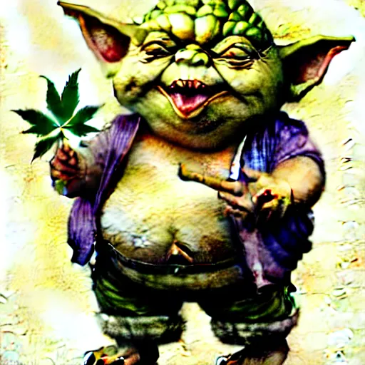 Image similar to a realistic and atmospheric watercolour fantasy character concept art portrait of a fat chibi yoda wearing a wife beater and jeans with pink eyes smiling and holding a blunt with a pot leaf nearby, by rebecca guay, michael kaluta, charles vess and jean moebius giraud