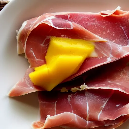 Prompt: A slice of prosciutto squished with mango and raw fish