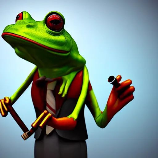 Image similar to a high quality photo of an antropomorphic frog wearing a suit smoking a cigar, 3d scene, render, ultra realistic, artstation, cgsociety