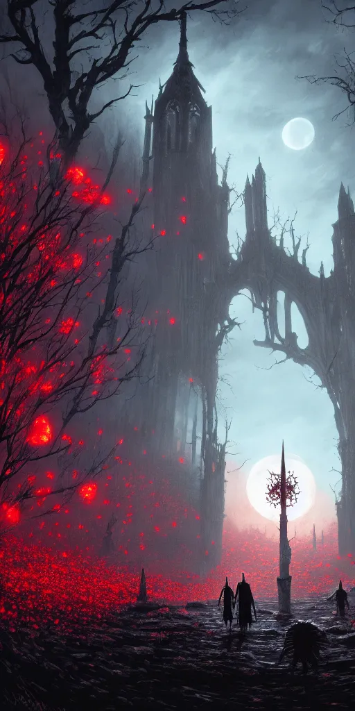 Prompt: soulless bloodborne old valley with a obscure person at the centre and a ruined gothic city in the background, trees and stars in the background, falling red petals, epic red - orange moonlight, perfect lightning, wallpaper illustration by niko delort and kentaro miura, 4 k, ultra realistic