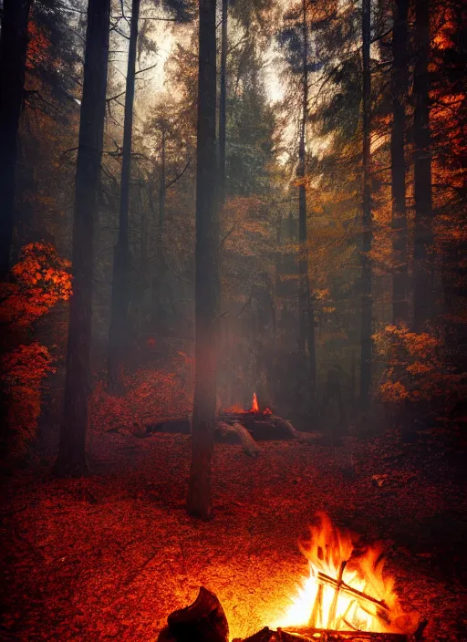 Image similar to cinematic shot epic forest, hyper realistic, mood lighting, fantasy, detailed campfire, highly detailed, super realistic, perfect lighting pixel sorting, style sheet