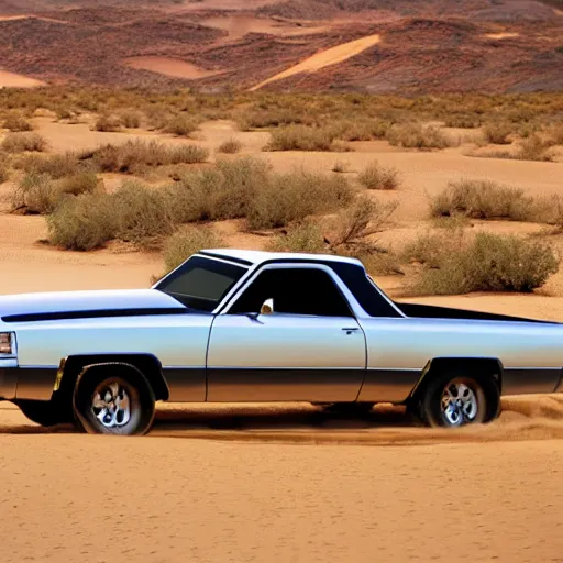 Prompt: a chevy el camino, stuck in sand, in the desert, dunes