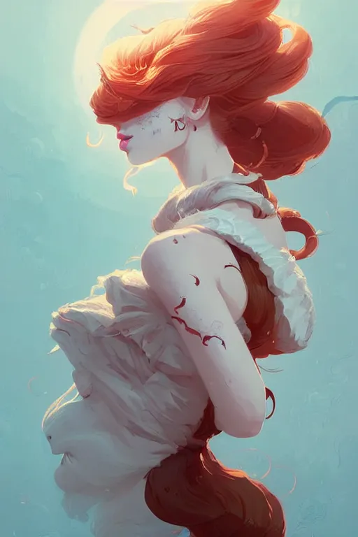 Image similar to beautiful artistic - wave highly detailed portrait female, with kitsune mask, long red hair, by atey ghailan, by greg rutkowski, by greg tocchini, by james gilleard, by joe fenton, by kaethe butcher, dynamic lighting, gradient light blue, brown, blonde cream and white color scheme, grunge aesthetic