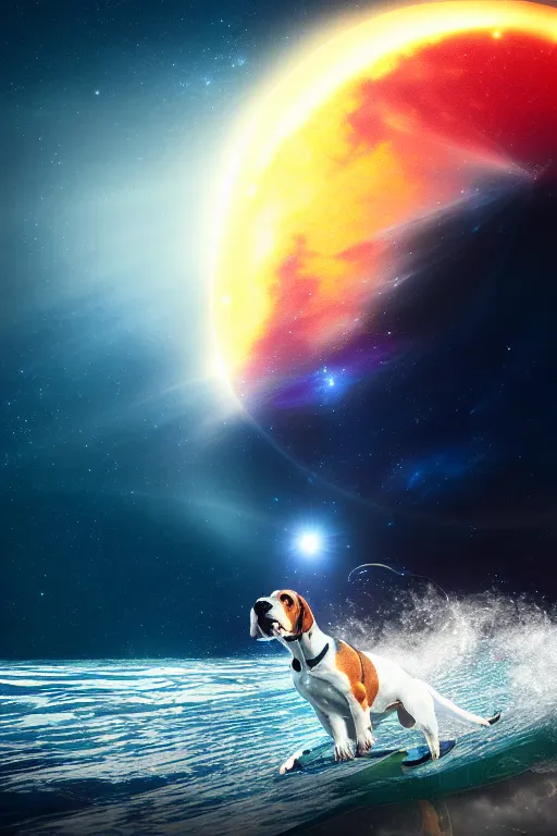 Image similar to beagle dog surfing a surfboard on a sparkly crashing wave of stardust in space, background is a moon in nebula, octane render, unreal engine, wide view, 8 k, highdetaild