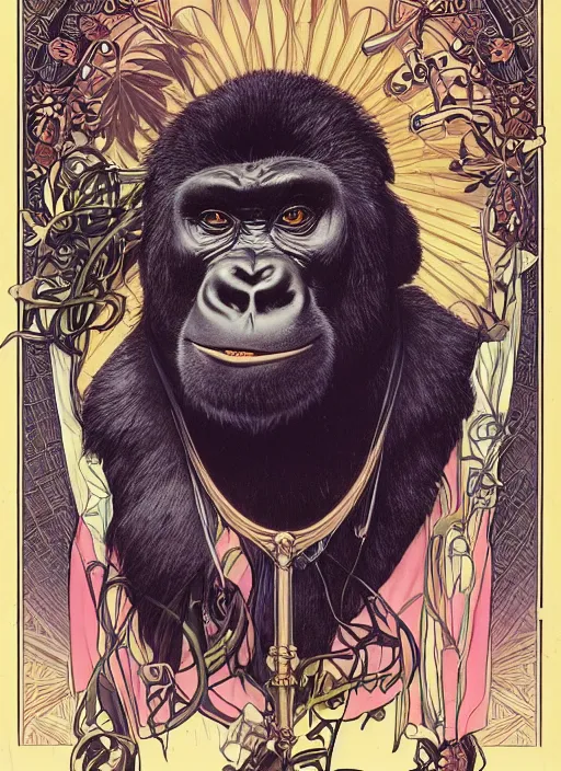 Prompt: portrait of a bored gorilla, wearing a costume made out marijuana designs, behance hd artstation, by moebius, alphonse mucha, ayami kojima, amano, greg hildebrandt, and mark brooks, masculine, male, art nouveau, neo - gothic, gothic, character concept design, dynamic light, stylised illustration, disco elysium