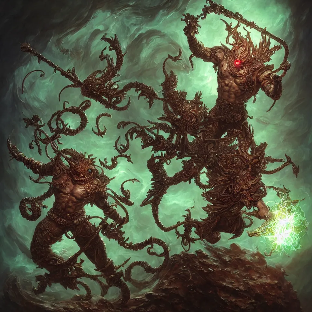 Prompt: a stunning detailed 3d matte portrait of a muscular triton fishman with green hair, wearing leather assassin armor, wielding a staff topped with a glowing red crystal, male, standing in a maelstrom, by ellen jewett, by tomasz alen kopera, by Justin Gerard, ominous, magical realism, texture, gills, intricate, whirling smoke, alchemist bottles, radiant colors, fantasy, dungeons and dragons, dnd, volumetric lighting, high details