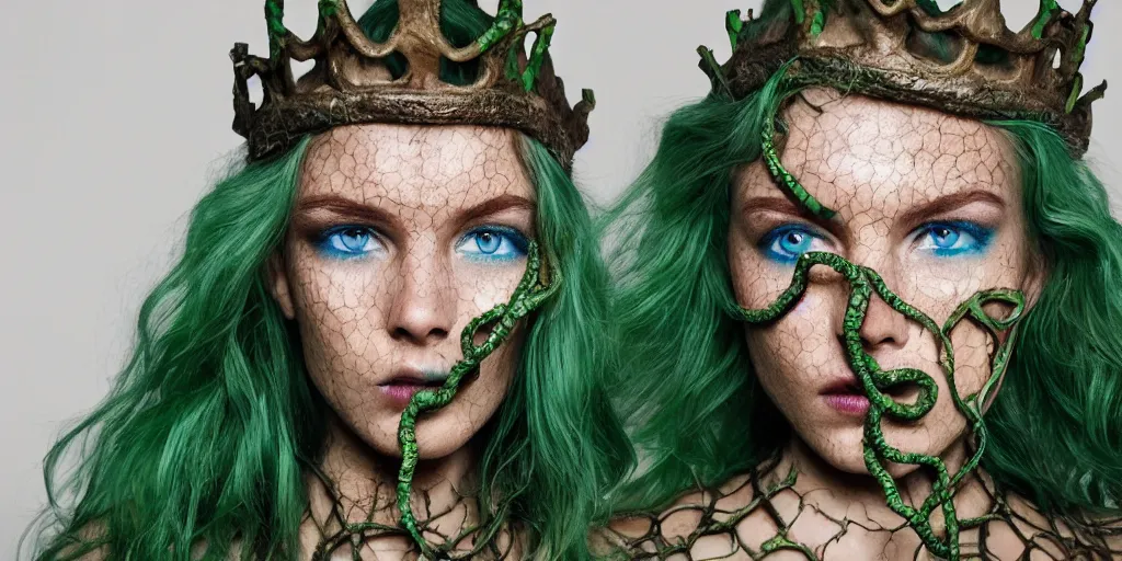 Prompt: queen of snakes, rotting crown of vines, detailed face, piercing green eyes and blue skin