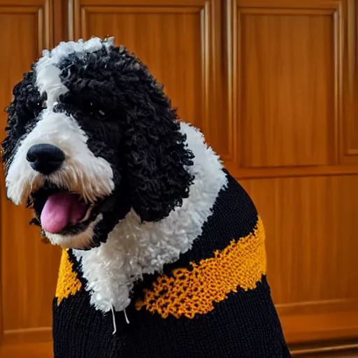 Image similar to a closeup photorealistic photograph of a cute smiling knitted bernedoodle judge dog dressed in a black gown, presiding over the courthouse. indoors, professional capture, well lit shot. this 4 k hd image is trending on artstation, featured on behance, well - rendered, extra crisp, features intricate detail, epic composition and the style of unreal engine.