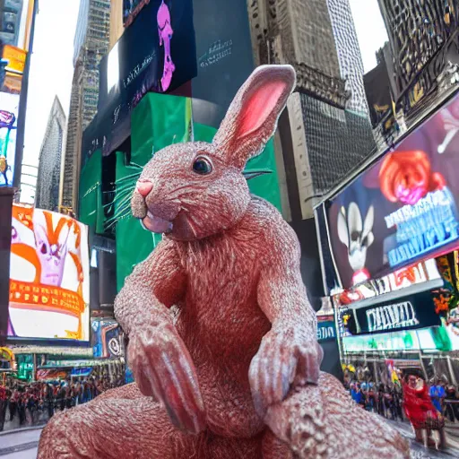 Image similar to a realistic sculpture made out of jelly of a very scary bunny with sharp teeth made by michelangelo, standing in times square, 3 d render, hyper detailed, sharp focus, 8 k resolution