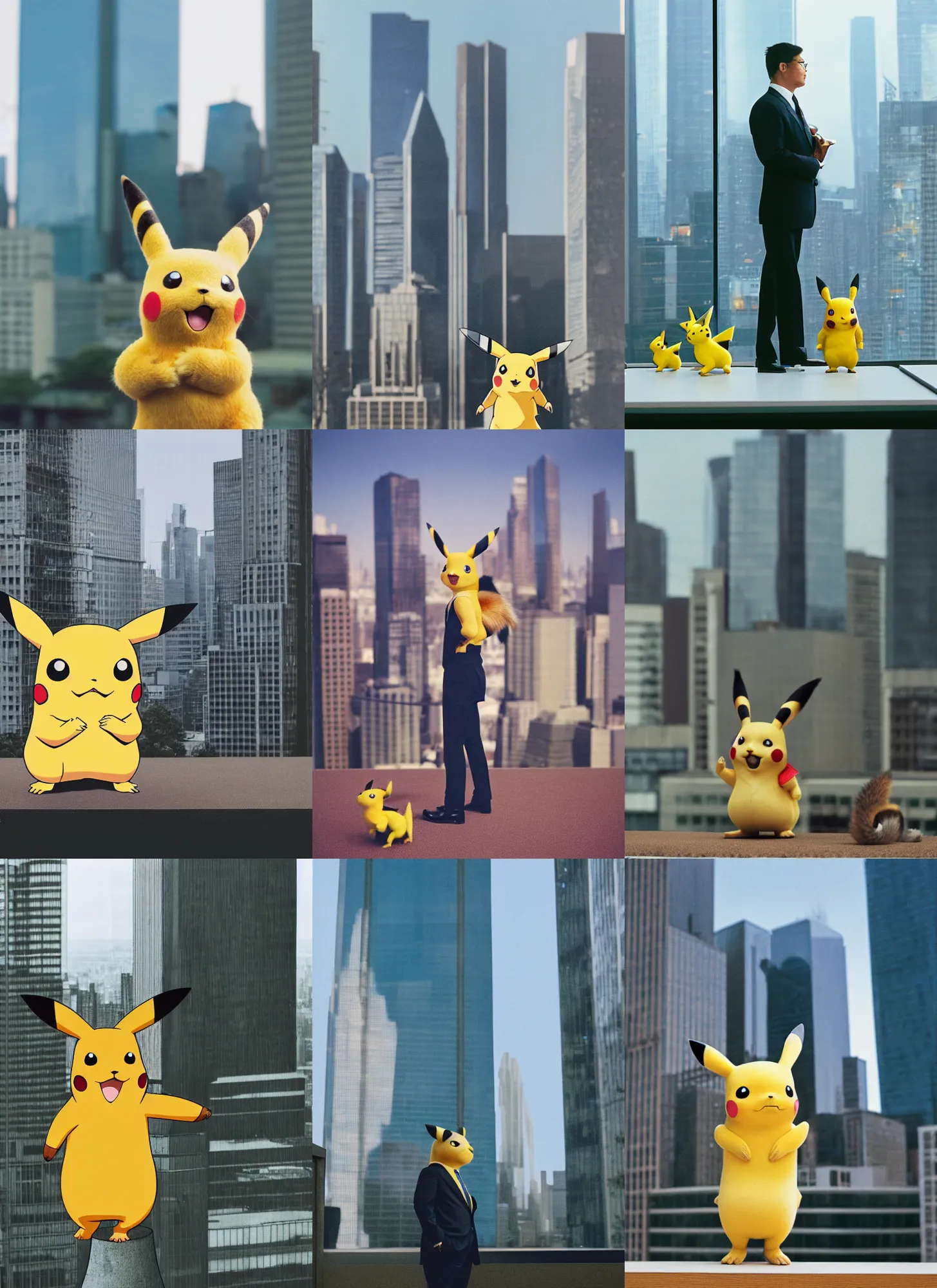 Prompt: medium format film photography of pikachu standing in a business suit at a meeting with squirrels in a skyscraper office with a city view in the background, hasselblad film, soft light photographed on colour expired film