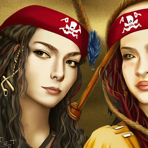 Image similar to a scene of two beautiful female pirate captains standing face to face, detailed digital art by japanese artist