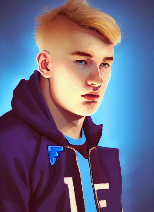 Image similar to portrait of high school senior boy named big moose, blonde short hair, jock, beefy, wide face, square jaw, square facial structure, blue varsity jacket with letter r, intricate, elegant, glowing lights, highly detailed, digital painting, artstation, concept art, sharp focus, illustration, art by wlop, mars ravelo and greg rutkowski