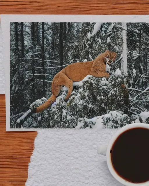 Image similar to ripped up postcard showing 'a cougar sleeping in the middle of snowy pine tree' laying on coffee table, zoomed out shot, HD, iphone capture, rips, tears