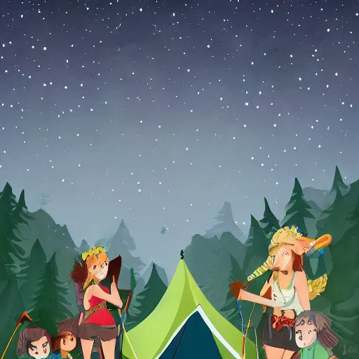 Prompt: « Epic illustration of a group of adventurers camping in a forest full of fairys at the night full of stars, with a very beautiful background and lights »