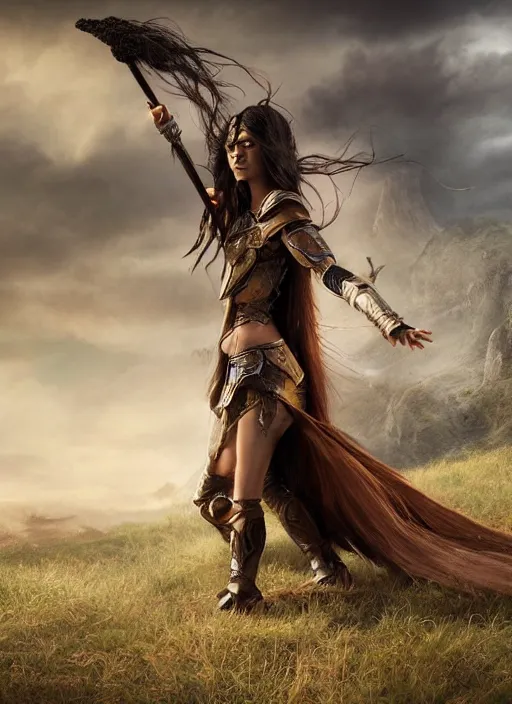 Image similar to An epic fantasy comic book style portrait painting of a warrior woman with a long brown hair wearing a cloak that waves in the wind as she holds onto a stave in front of an epic fantasy landscape, unreal 5, DAZ, hyperrealistic, octane render, cosplay, RPG portrait, dynamic lighting